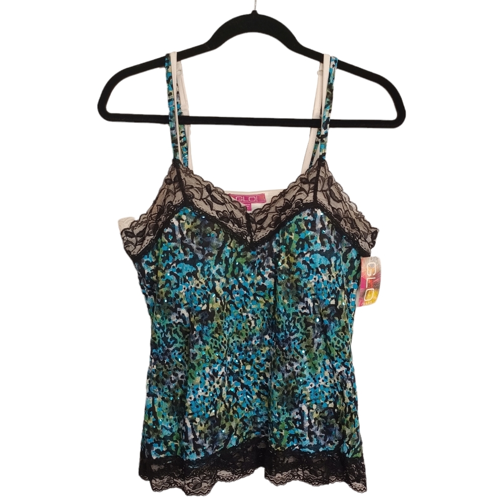 GLO JEANS Blue Green Black Animal Print Sequin Lace 2 Layer Illusion Tank Top XL
